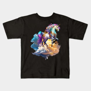 Mythical Unicorn sunny horse clouds splash watercolor fantasy magic tale romance illustration Kids T-Shirt